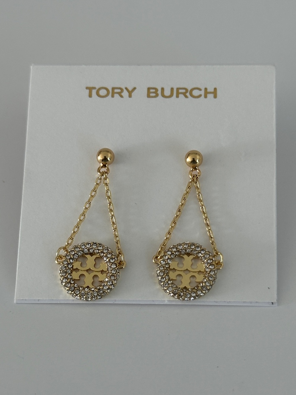 Tory Burch Gold Crystal Logo Chain Drop Earrings